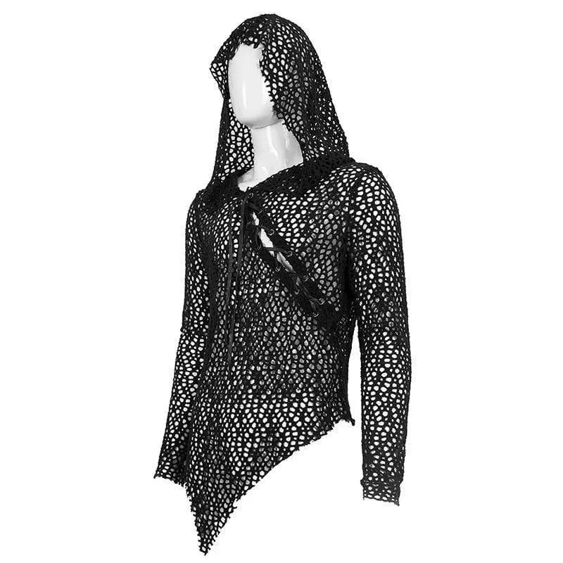 Men's Gothic Strappy Irregular Mesh Shirt with Hood