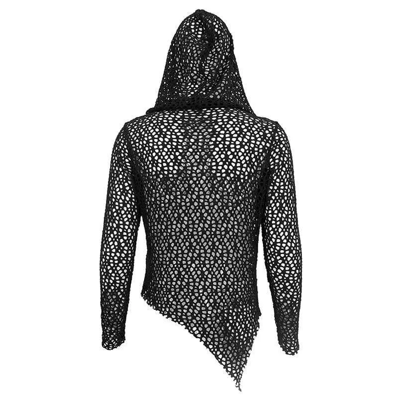 Men's Gothic Strappy Irregular Mesh Shirt with Hood