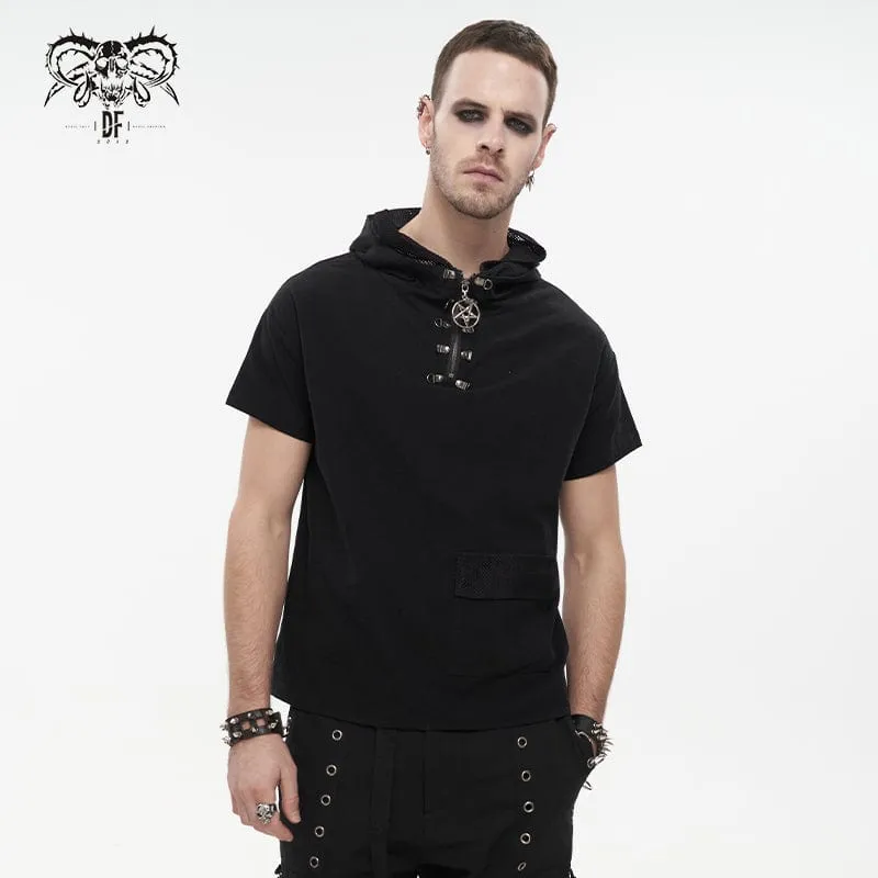 Men's Punk Strappy Mesh Splice Shirt with Hood