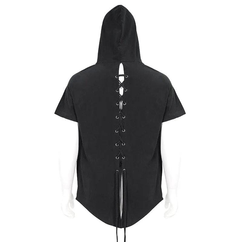 Men's Punk Strappy Mesh Splice Shirt with Hood