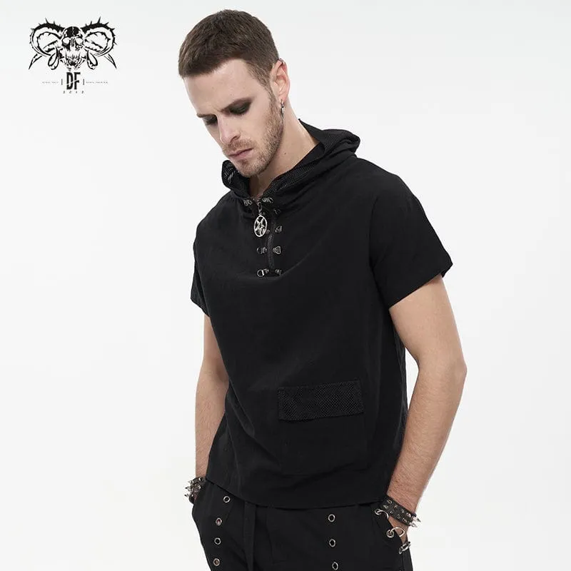 Men's Punk Strappy Mesh Splice Shirt with Hood