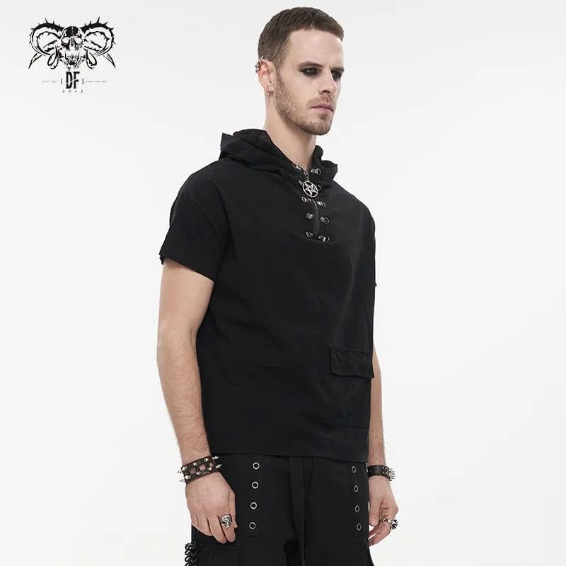 Men's Punk Strappy Mesh Splice Shirt with Hood