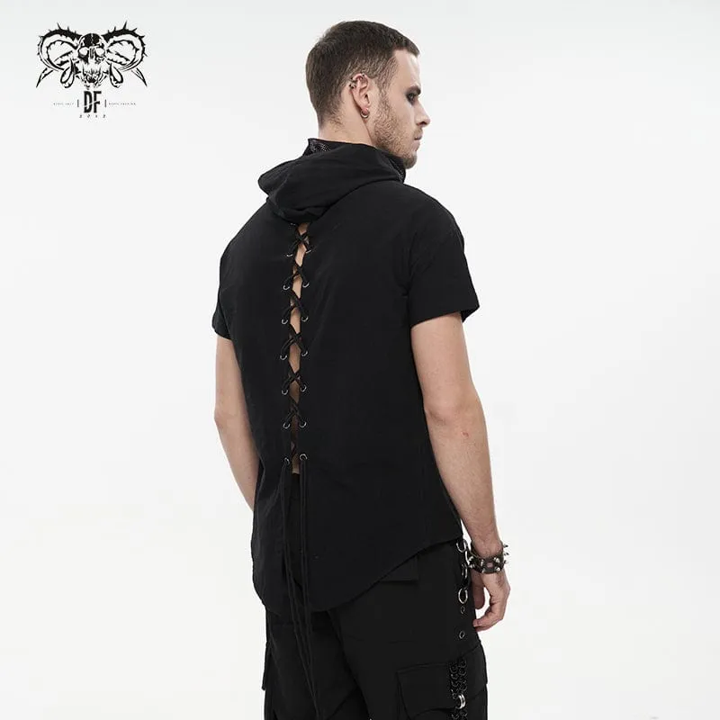 Men's Punk Strappy Mesh Splice Shirt with Hood