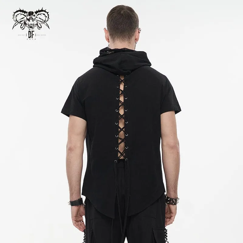 Men's Punk Strappy Mesh Splice Shirt with Hood