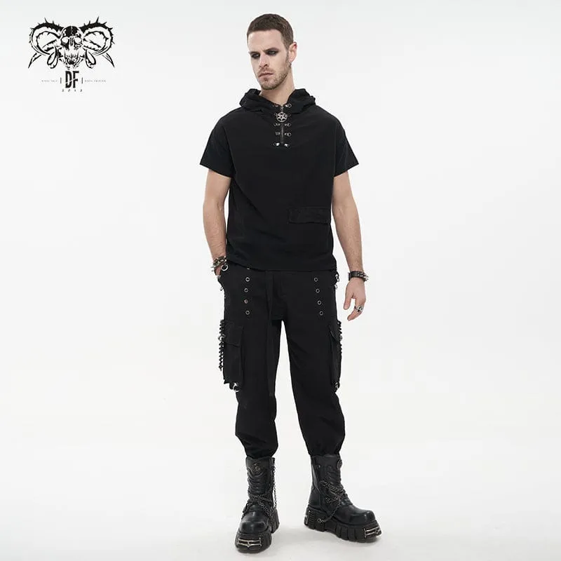 Men's Punk Strappy Mesh Splice Shirt with Hood