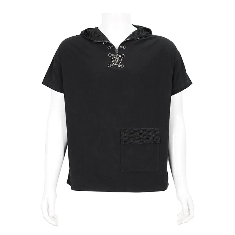 Men's Punk Strappy Mesh Splice Shirt with Hood