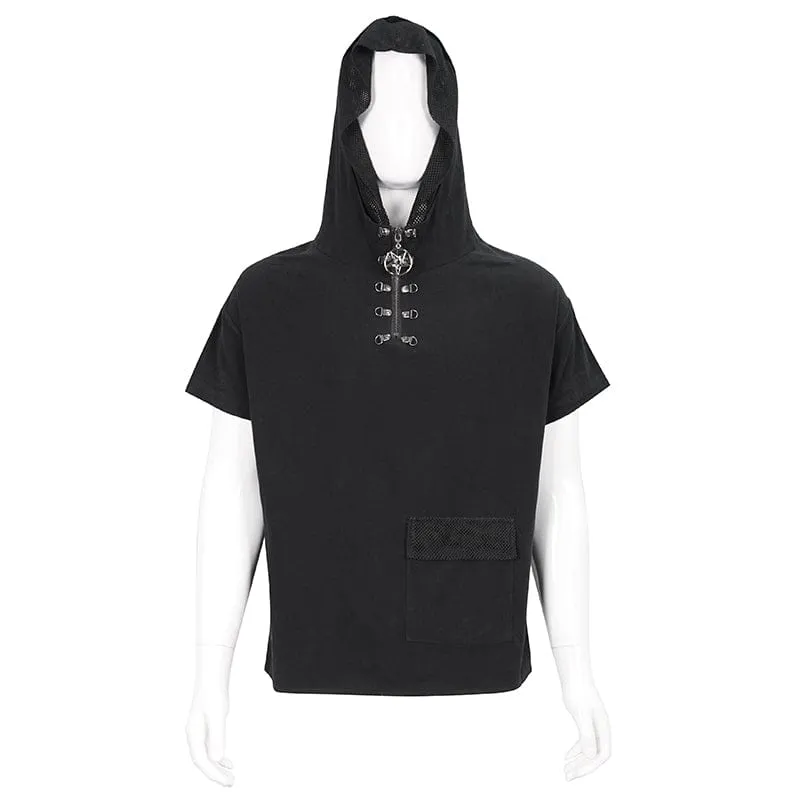 Men's Punk Strappy Mesh Splice Shirt with Hood