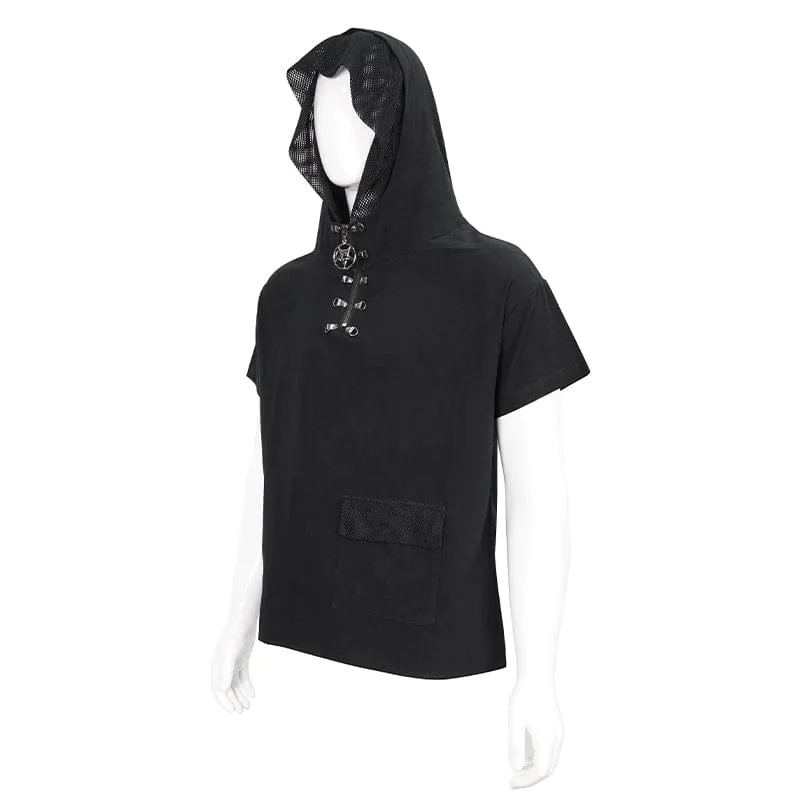 Men's Punk Strappy Mesh Splice Shirt with Hood