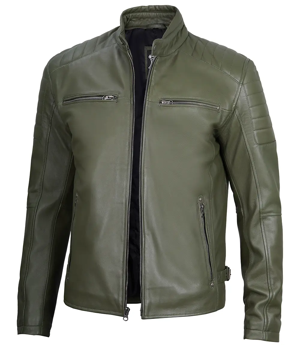 Military Green Cafe Racer Leather Jacket for Men