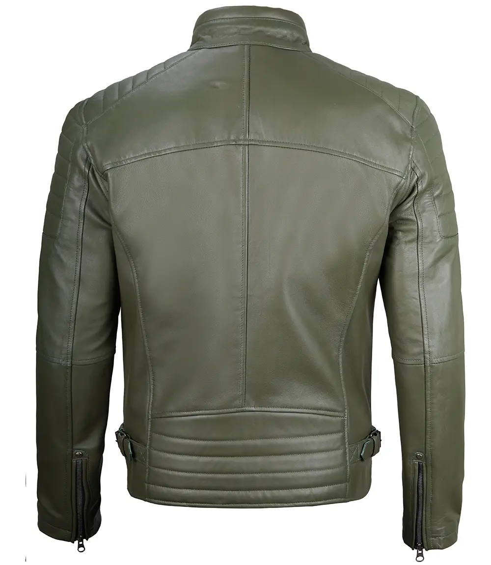 Military Green Cafe Racer Leather Jacket for Men