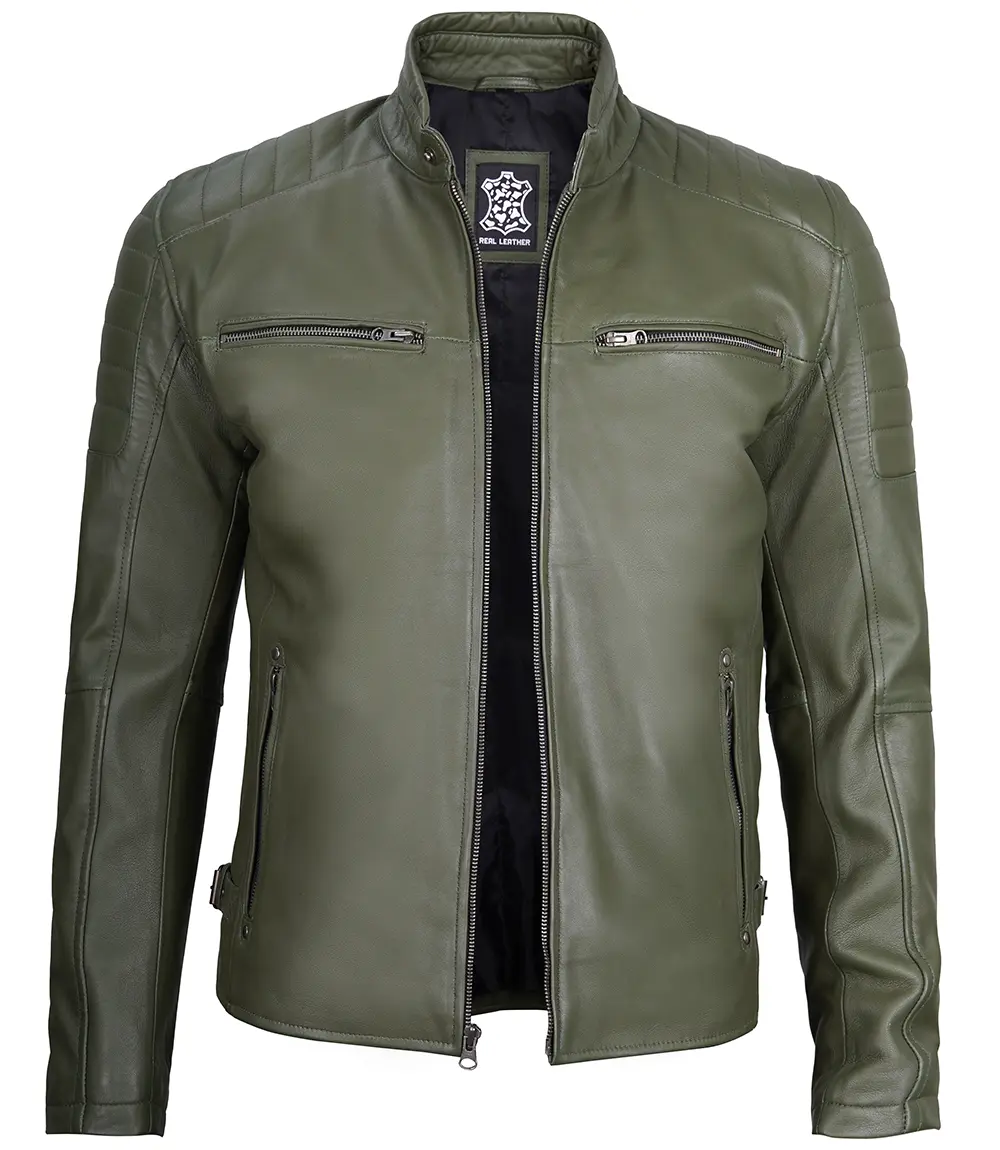 Military Green Cafe Racer Leather Jacket for Men