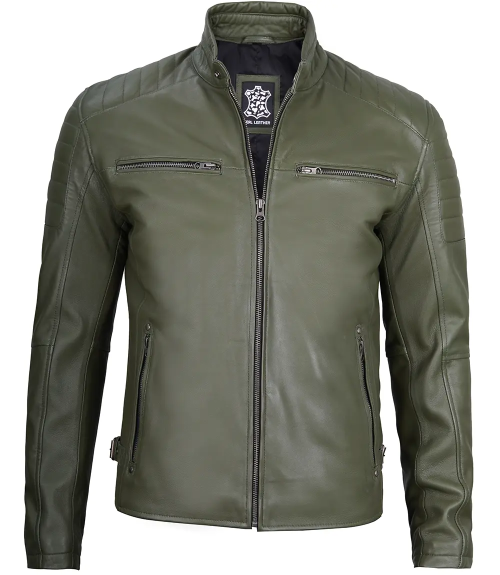 Military Green Cafe Racer Leather Jacket for Men