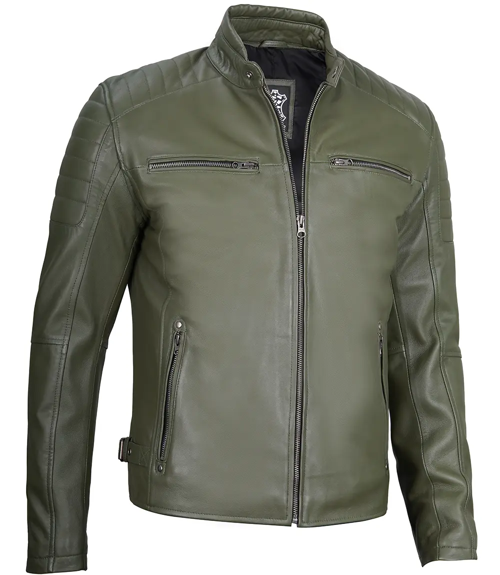 Military Green Cafe Racer Leather Jacket for Men