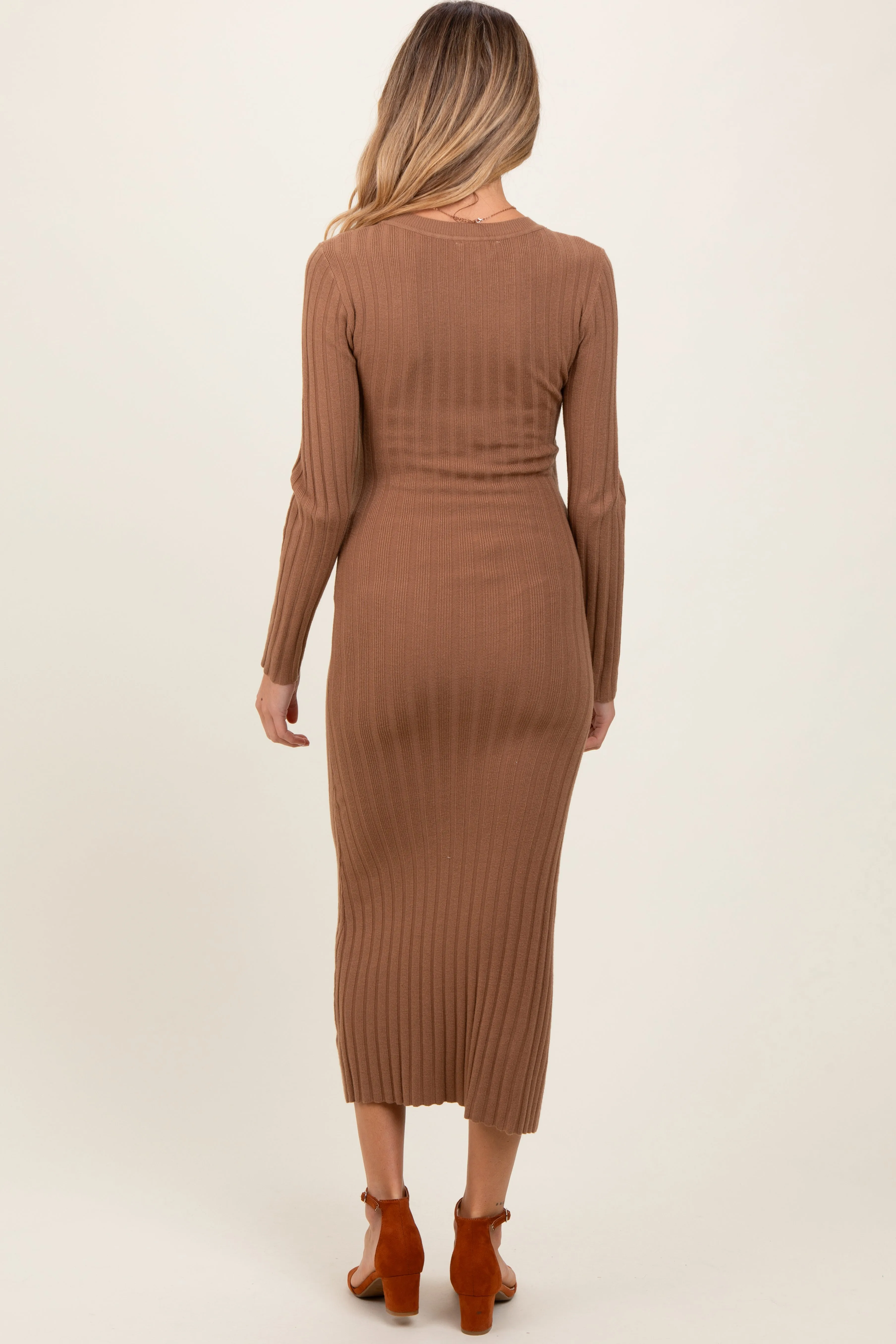 Mocha Ribbed Knit Fitted Maternity Midi Sweater Dress