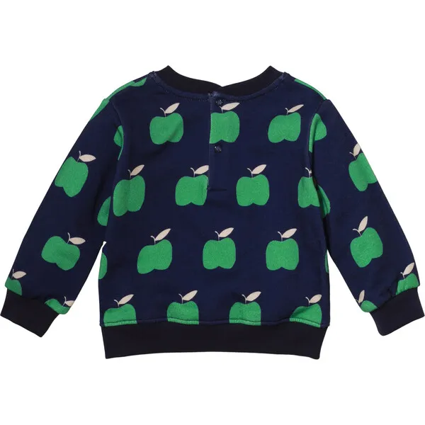 Mon Coeur Green Apple Print Ribbed Neck Drop Shoulder Sweatshirt, Blue