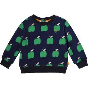 Mon Coeur Green Apple Print Ribbed Neck Drop Shoulder Sweatshirt, Blue