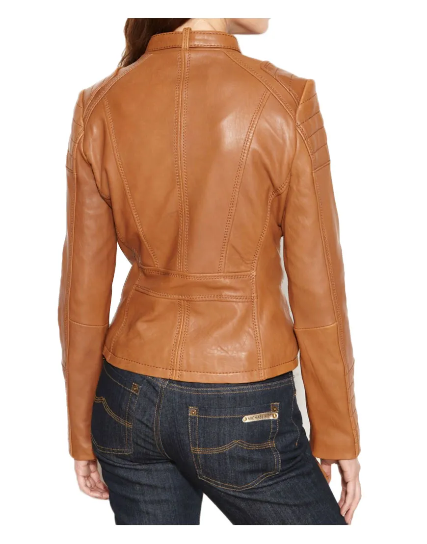 Motorcycle Buckle Collar Womens Brown Leather Jacket - UJackets