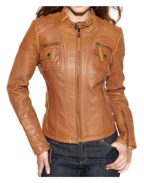 Motorcycle Buckle Collar Womens Brown Leather Jacket - UJackets