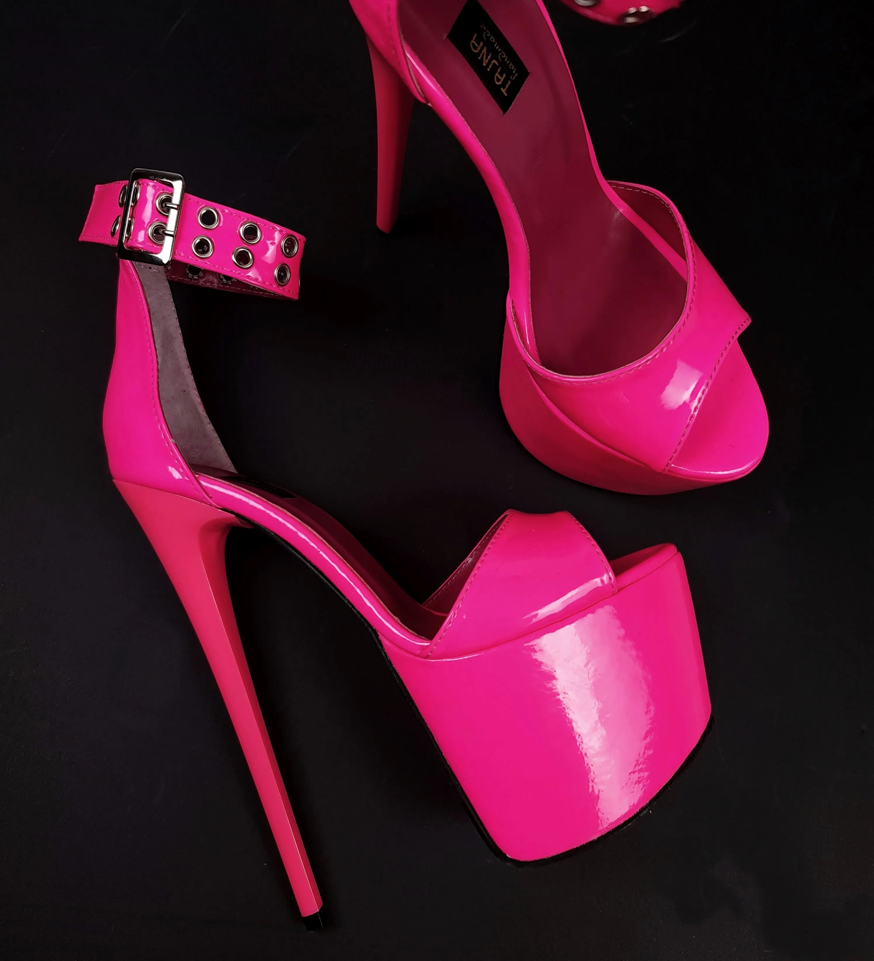 Neon Pink Gloss Belted High Heel Sandals