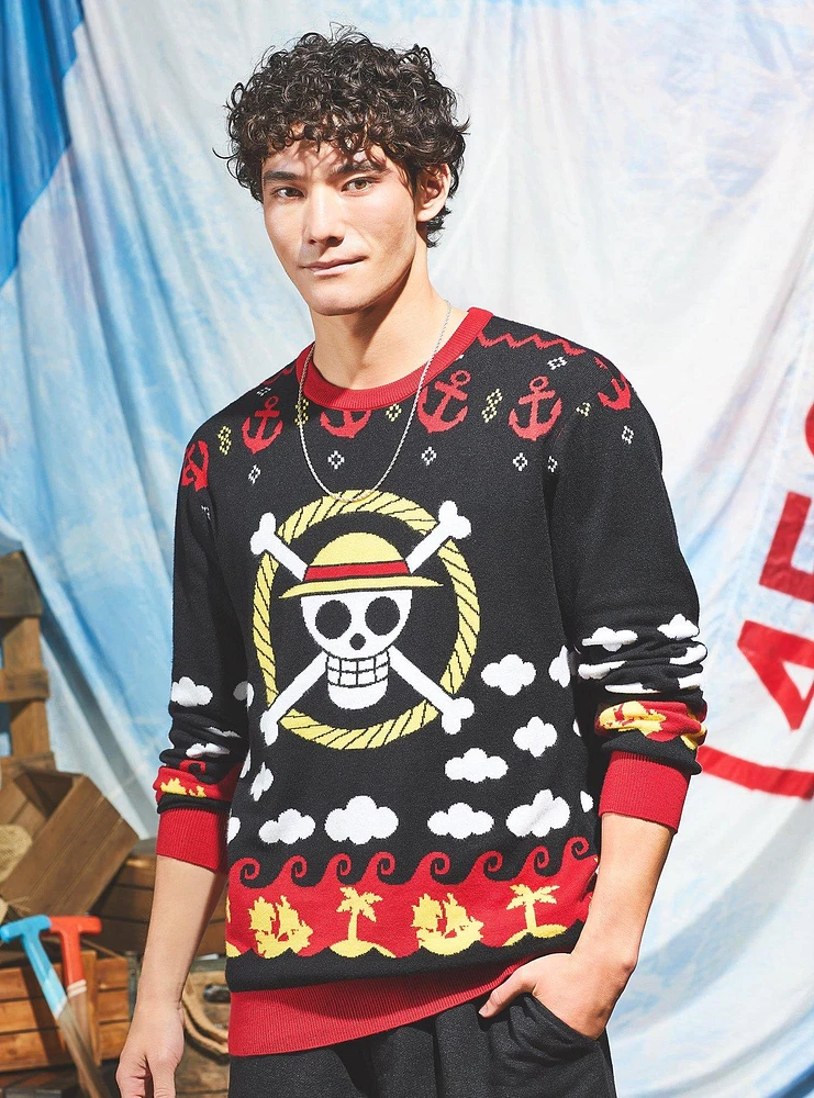 One Piece Straw Hat Jolly Roger Patterned Sweater - BoxLunch Exclusive