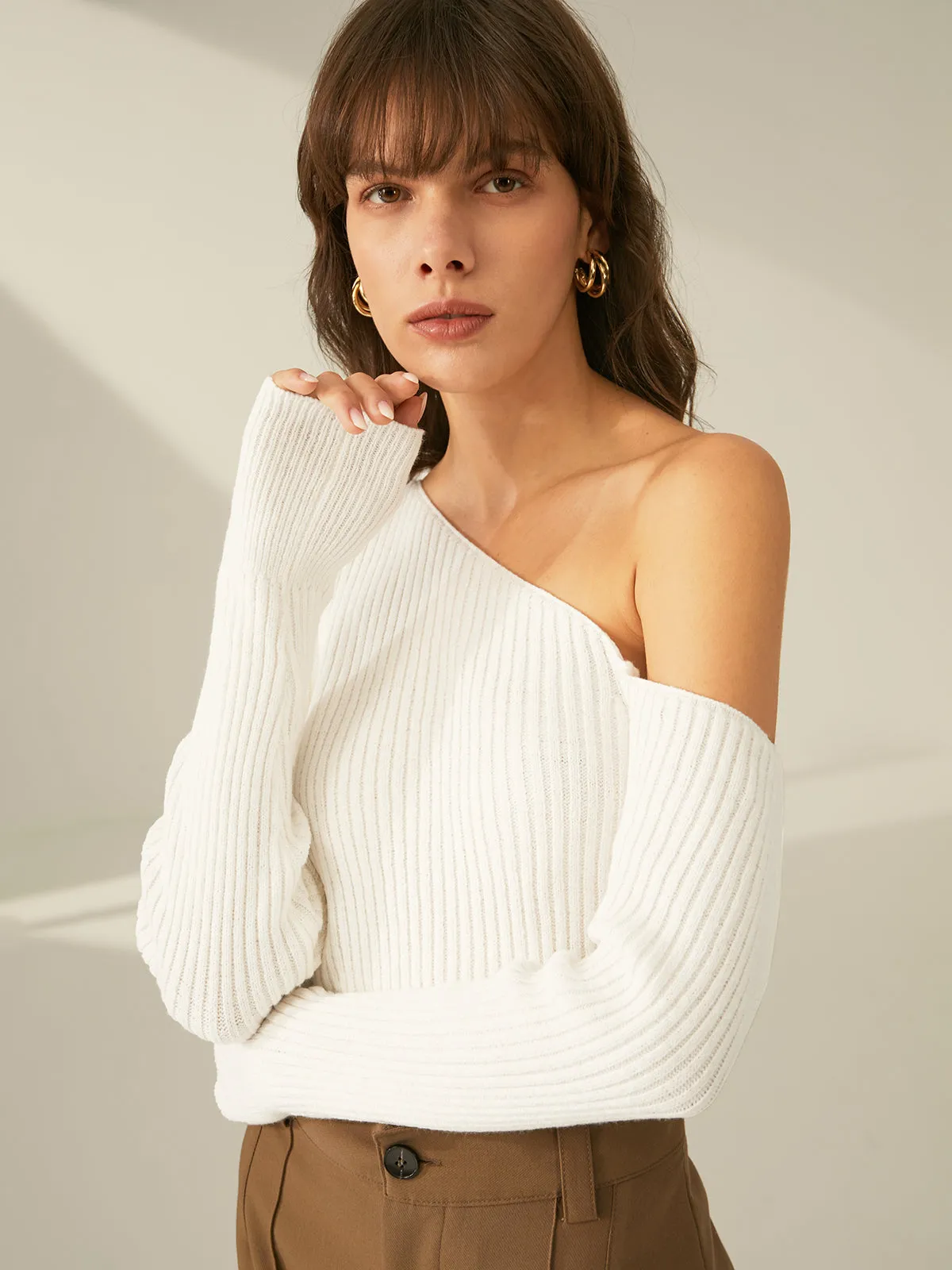 One Shoulder Long Sleeve Ribbed Pullover Sweater