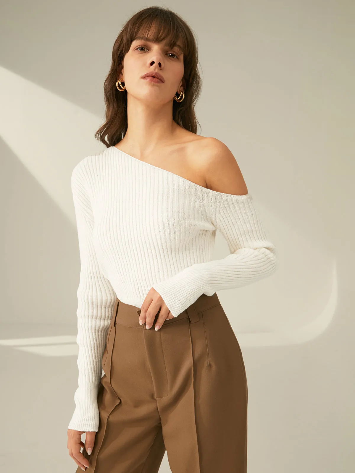 One Shoulder Long Sleeve Ribbed Pullover Sweater