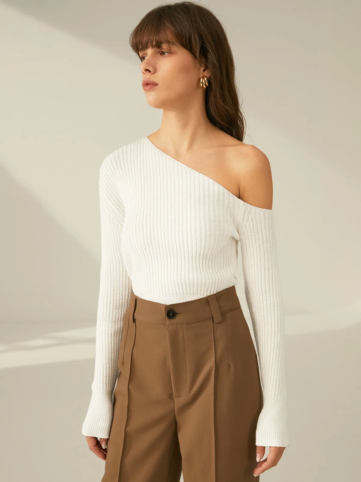 One Shoulder Long Sleeve Ribbed Pullover Sweater