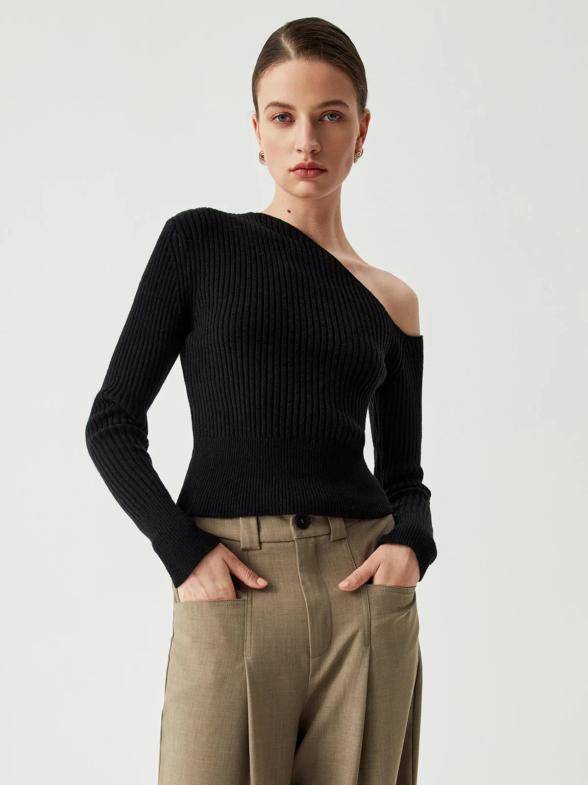 One Shoulder Long Sleeve Ribbed Pullover Sweater