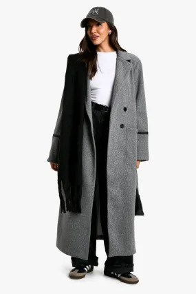 Oversized  Faux Leather Trim Wool Look Coat