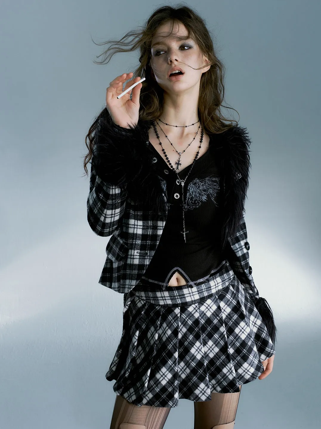 Plaid Fur Collar Short Jacket ＆ Pleated Skirt