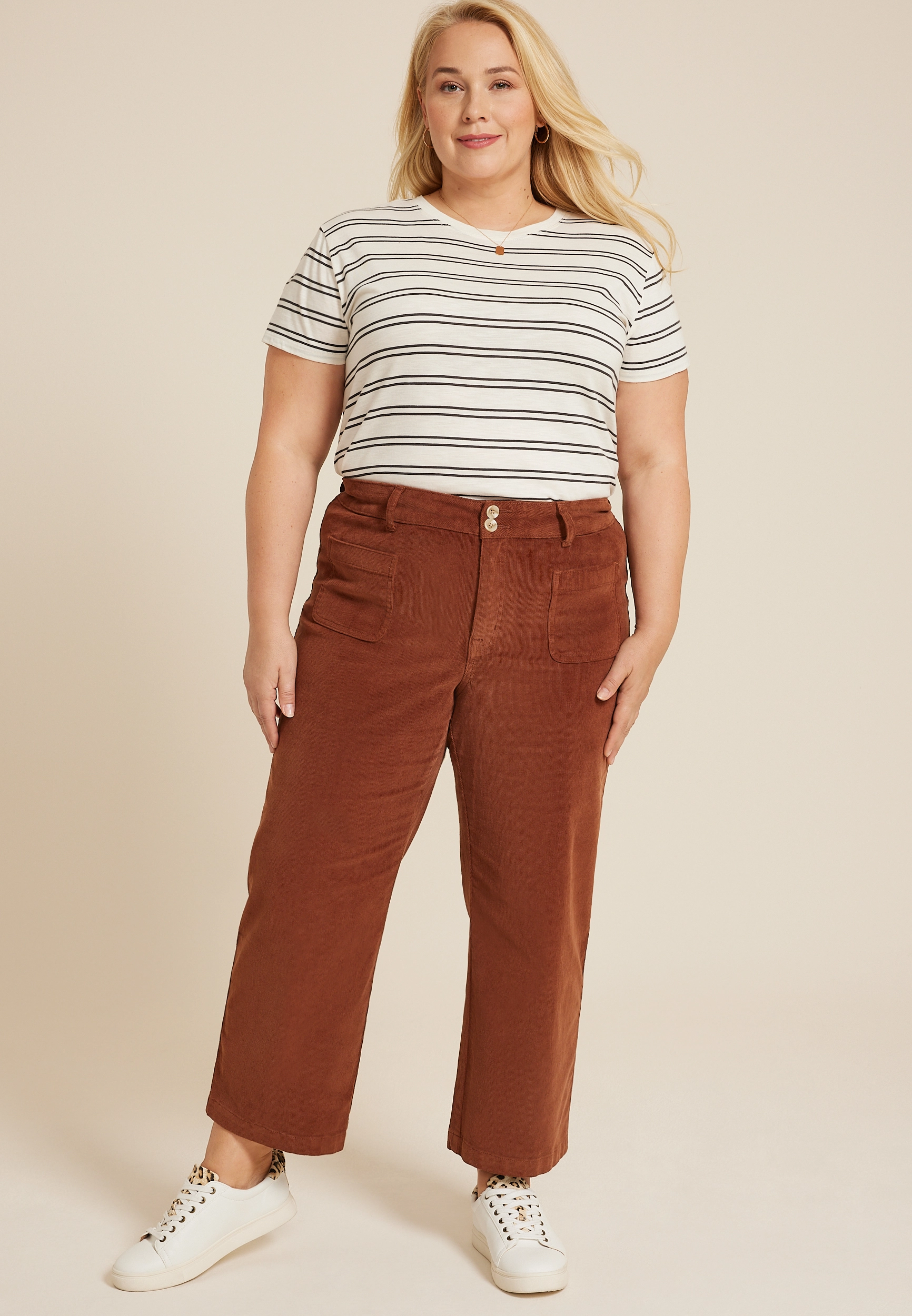 Plus Corduroy High Rise Patch Pocket Wide Leg Pant