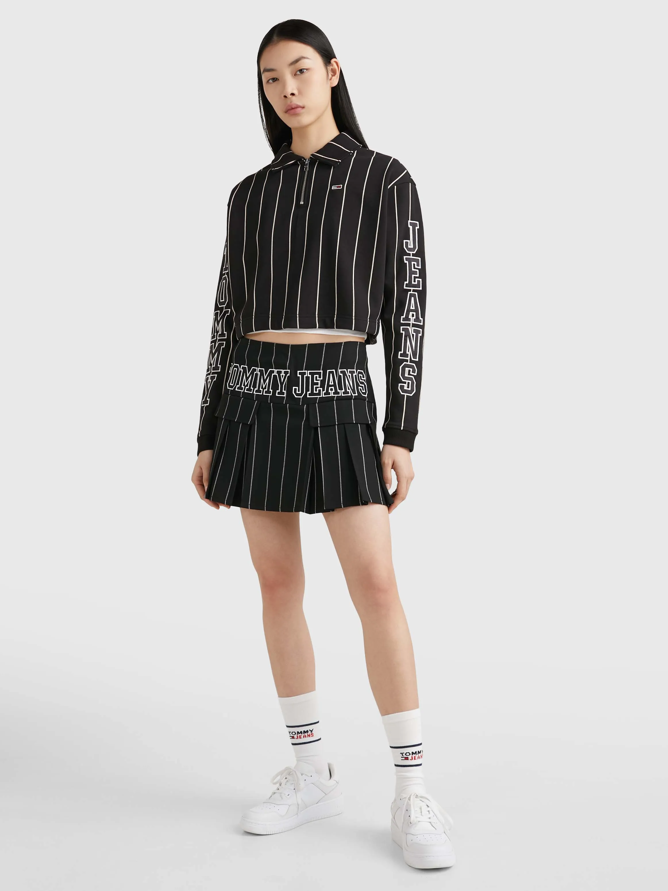 Quarter-Zip Cropped Pinstripe Rugby Shirt | Sweatshirts & Hoodies | Tommy Jeans