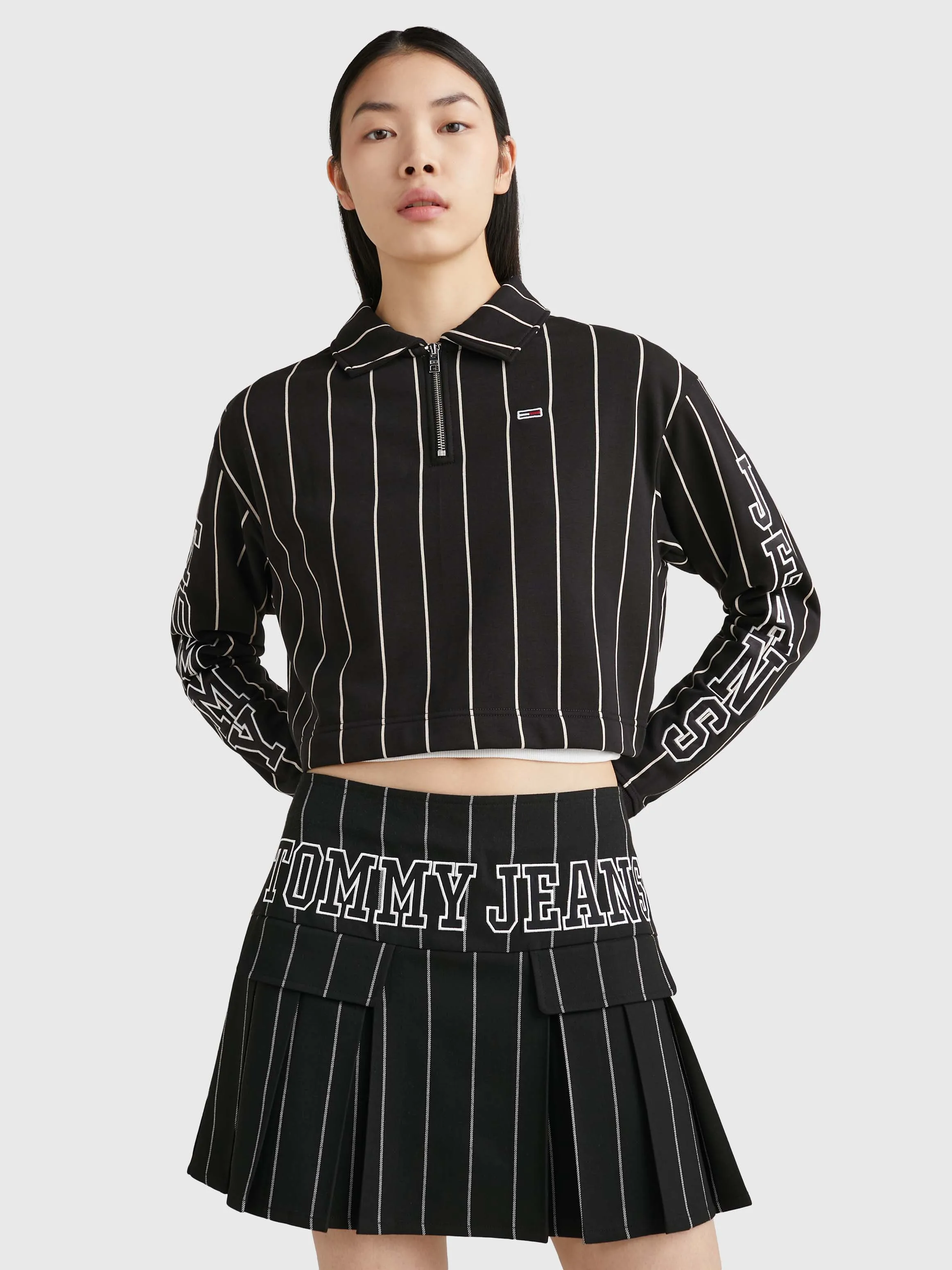 Quarter-Zip Cropped Pinstripe Rugby Shirt | Sweatshirts & Hoodies | Tommy Jeans