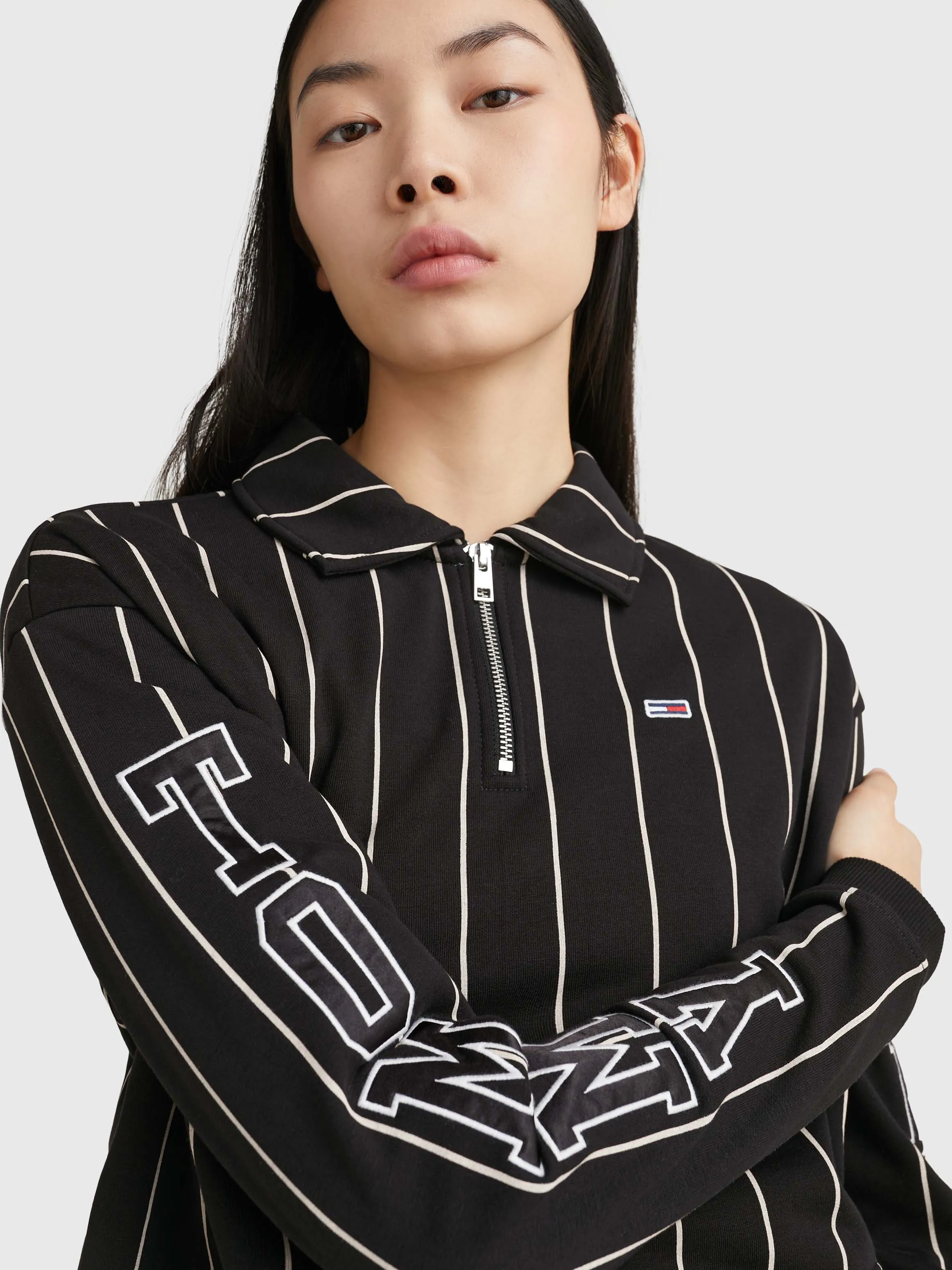 Quarter-Zip Cropped Pinstripe Rugby Shirt | Sweatshirts & Hoodies | Tommy Jeans