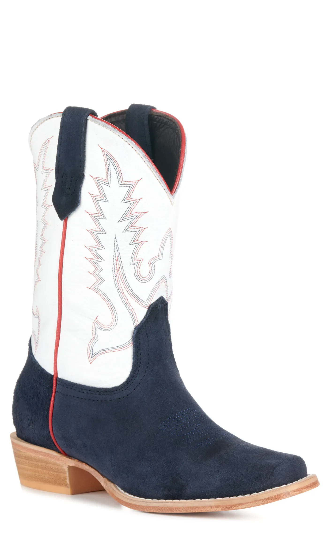 R. Watson Youth White and Navy Suede Punchy Square Toe Cowboy Boots