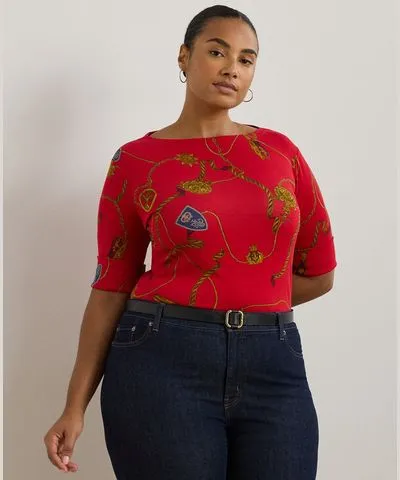 Ralph Lauren Plus Size Belting-Print Elbow-Sleeve Tee