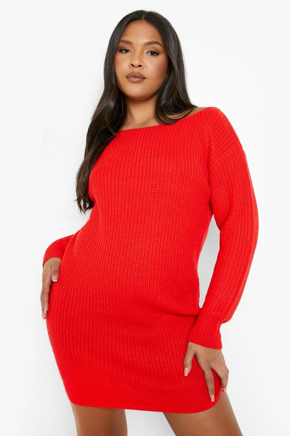 Recycled Plus Slash Neck Sweater Dress