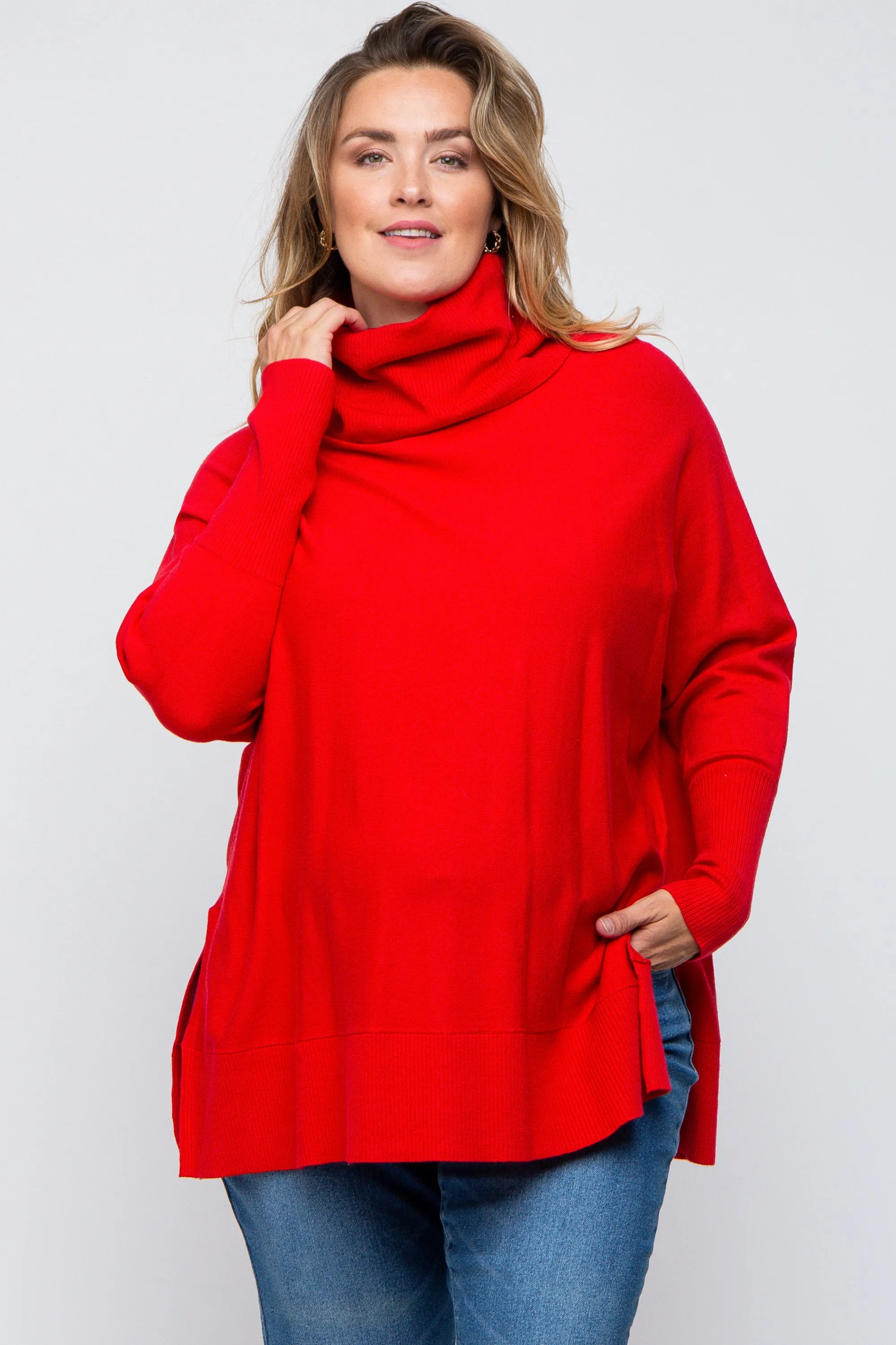 Red Cowl Neck Dolman Sleeve Maternity Plus Sweater