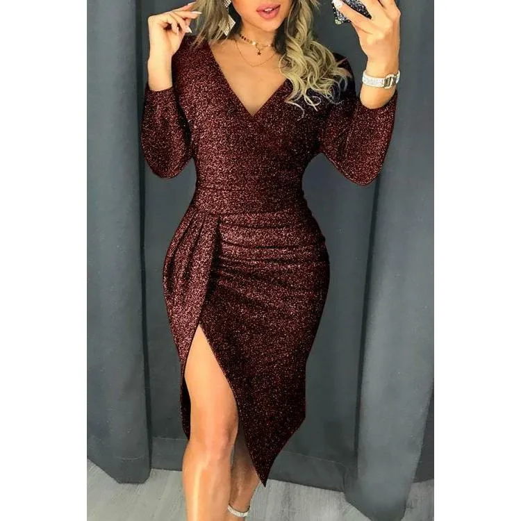 Red Glitter Ruched Thigh Slit Party Metallic Dress