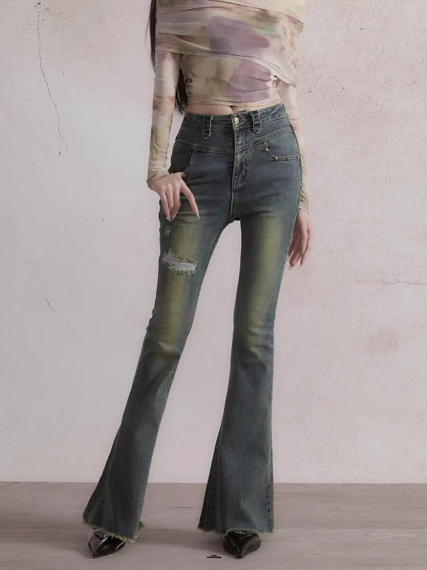 Retro Ripped Flared Jeans