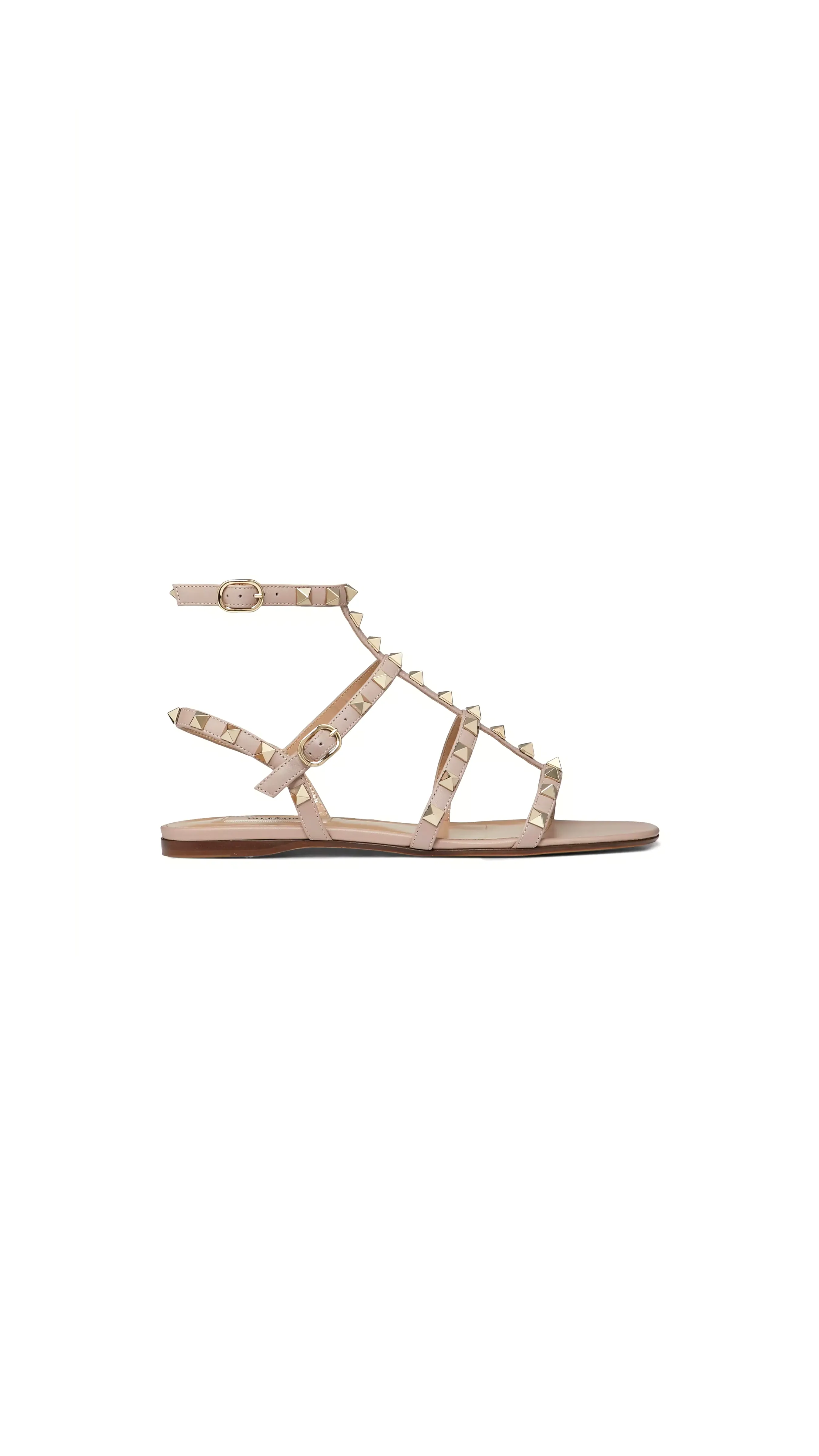 Rockstud Flat Calfskin Sandal With Straps - Poudre