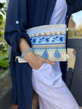 Stone Floral Embellished Tassel Clutch Bag