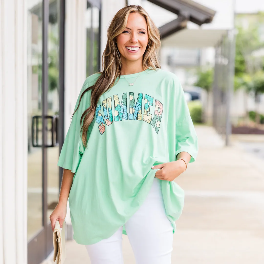 Summer Flowers Boyfriend Tee, Green Mint