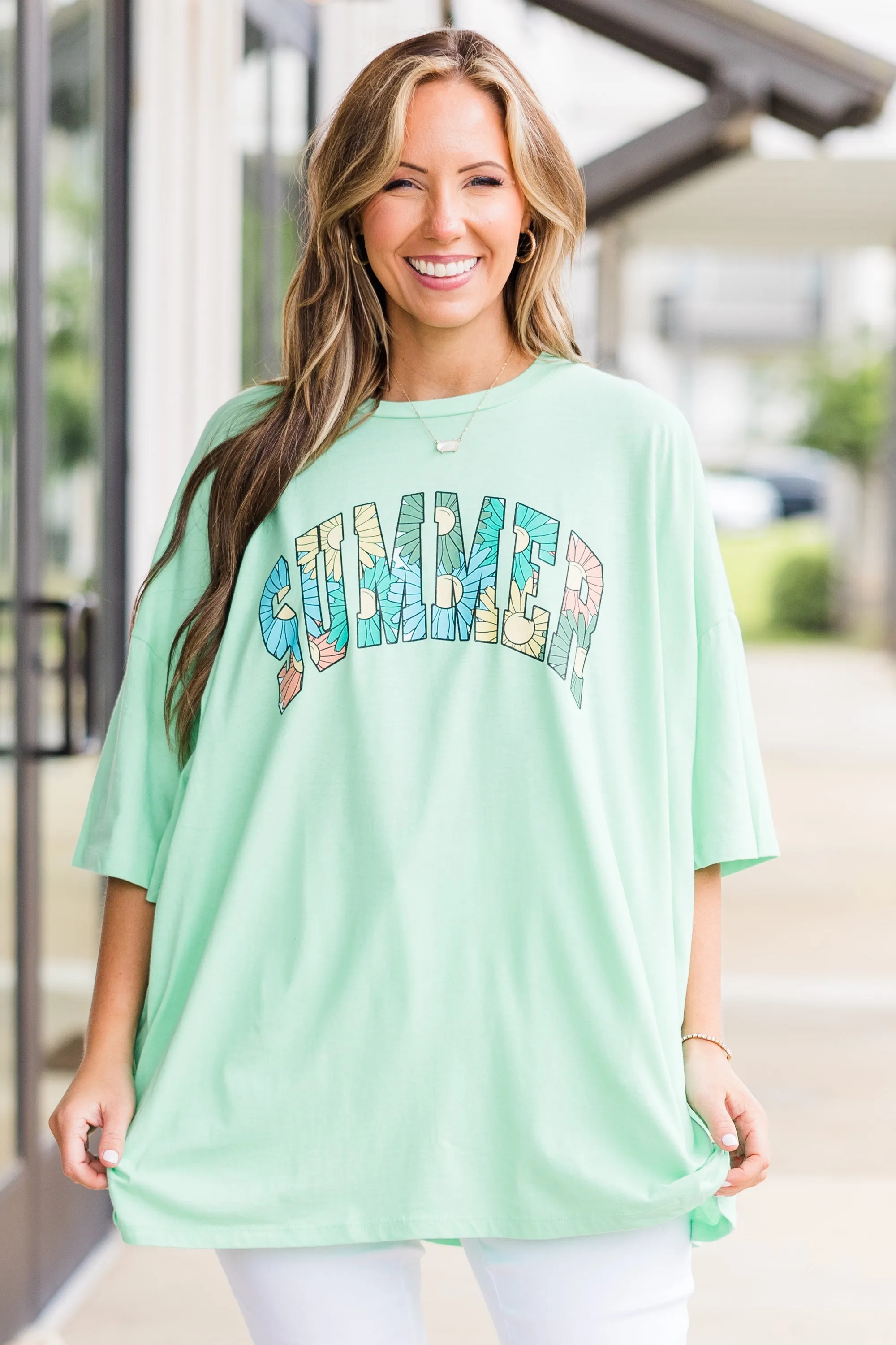 Summer Flowers Boyfriend Tee, Green Mint