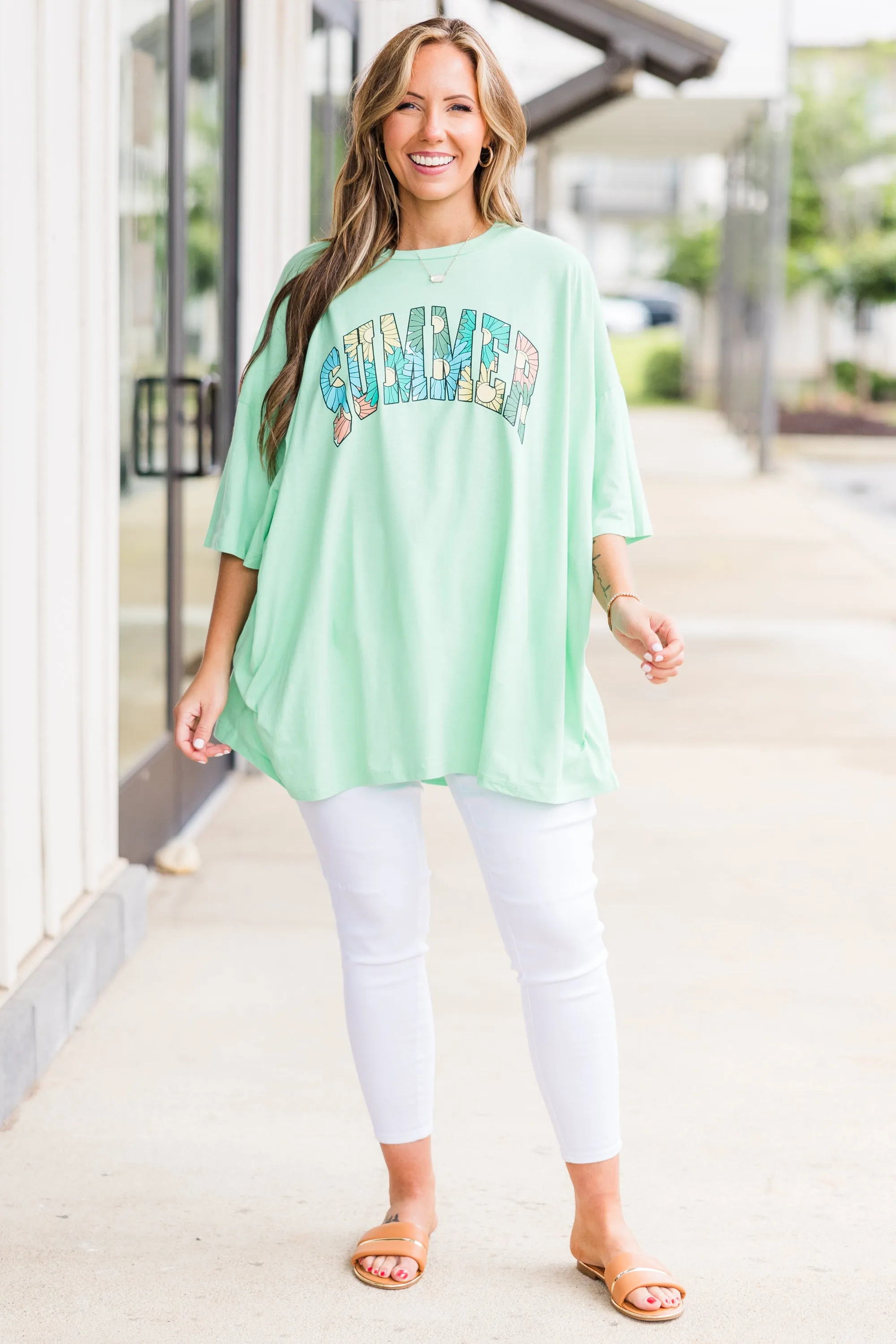 Summer Flowers Boyfriend Tee, Green Mint