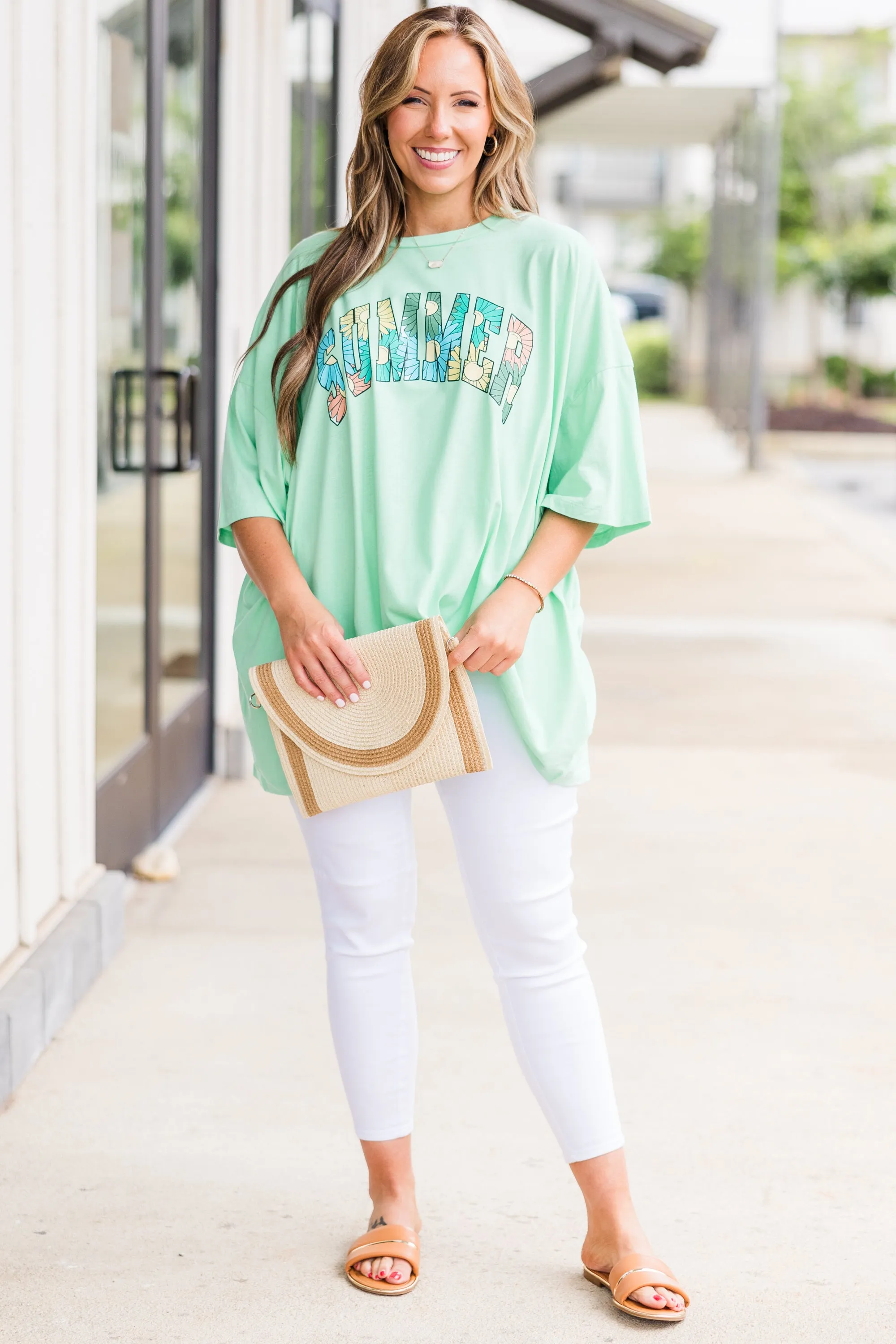 Summer Flowers Boyfriend Tee, Green Mint