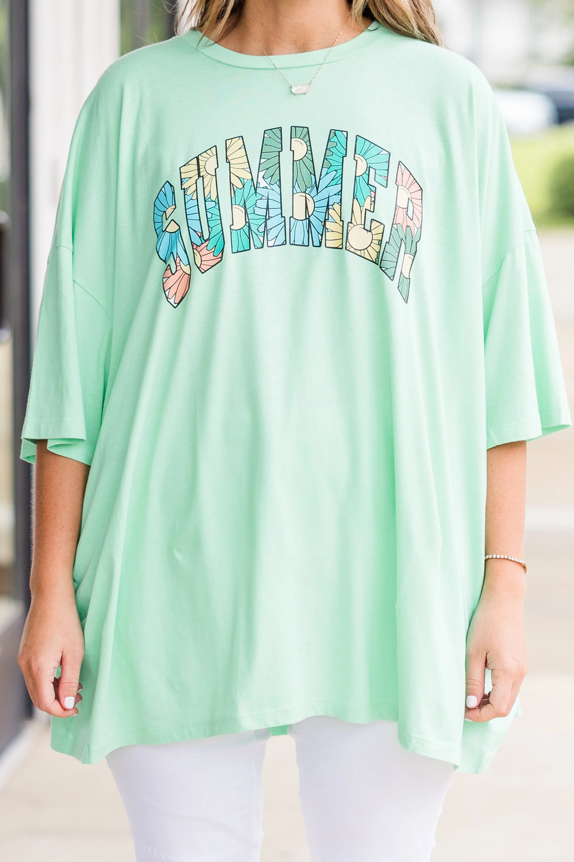 Summer Flowers Boyfriend Tee, Green Mint