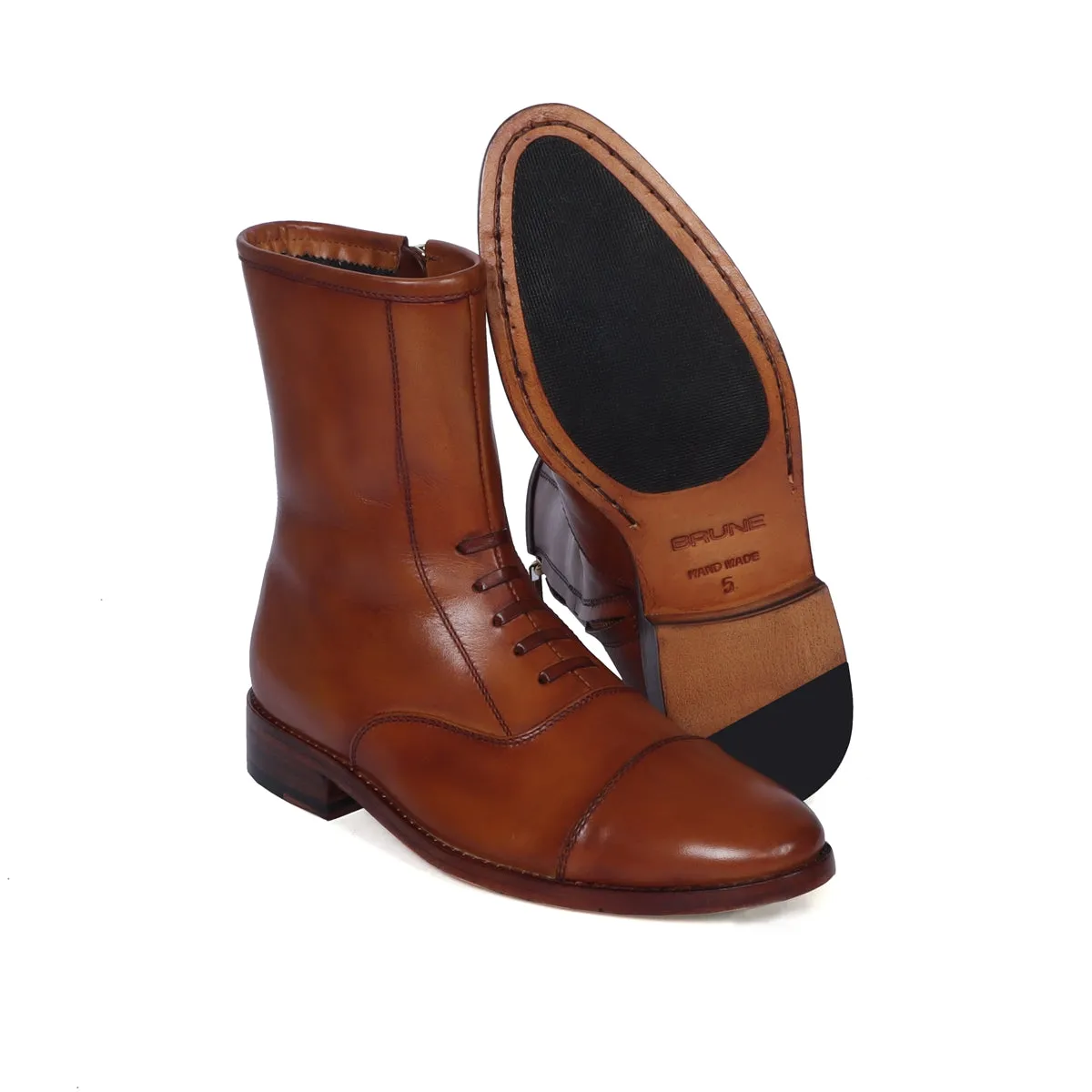 Tan Police Uniform Boot Side Gold Finish Zip Closure