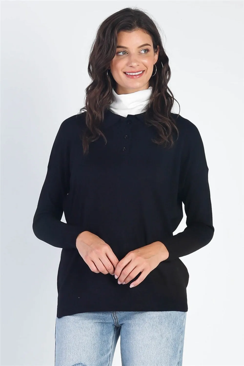 Tasha Apparel Button Up Collar Neck Long Sleeve Knit Top