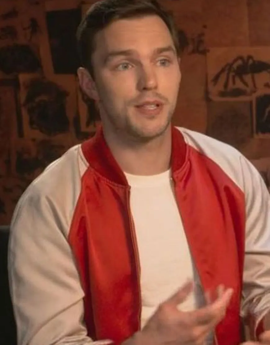 Tolkien Nicholas Hoult Satin Jacket | Red White Bomber Jacket | 30% OFF